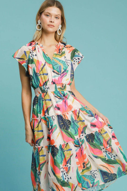 Umgee Full Size Leaf Print Cap Sleeve Tiered Midi Dress Plus Size - Shop Style & More | Fresh Looks, Everyday Deals & Free Shipping
