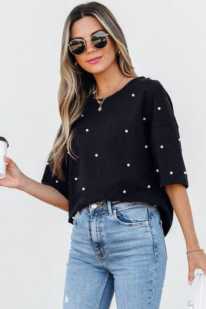 Demi Pearl Beaded Drop Shoulder Crewneck Top - Shop Style & More | Fresh Looks, Everyday Deals & Free Shipping