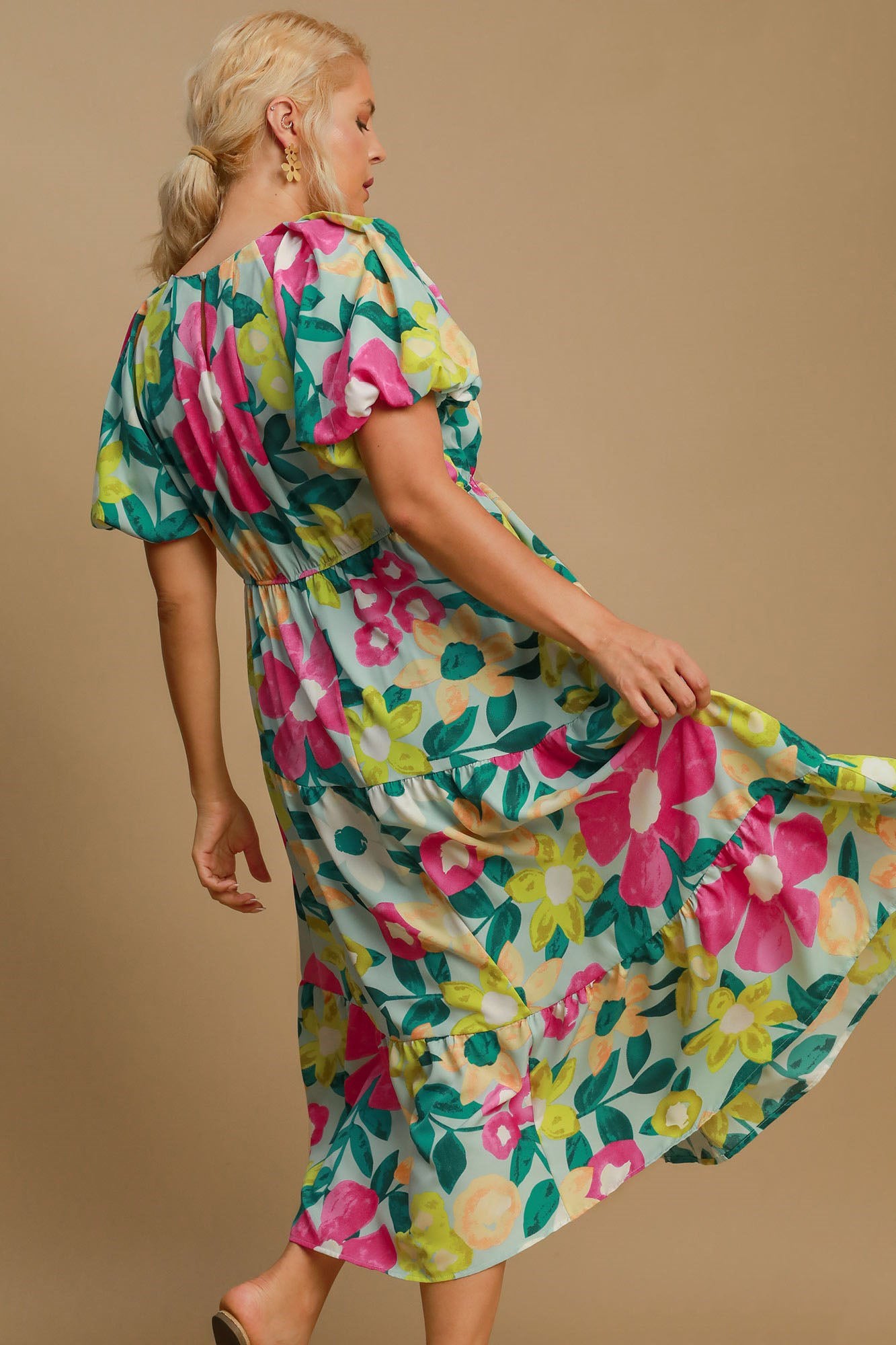 Umgee Full Size Tiered Floral Print Notched Puff Sleeve Midi Dress Plus Size Casual Dresses