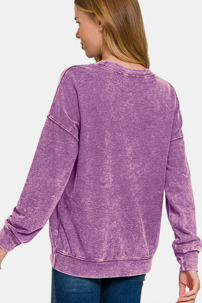 Zenana Washed Round Neck Dropped Shoulder Sweatshirt Hoodies & Sweaters