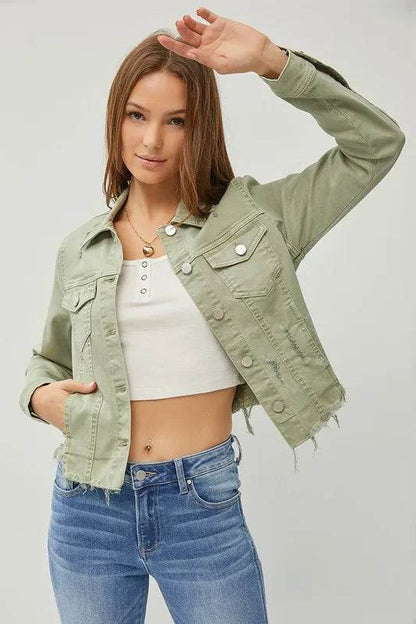 RISEN Full Size Raw Hem Button Up Cropped Denim Jacket Plus Size - Shop Style & More | Fresh Looks, Everyday Deals & Free Shipping