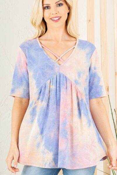 Heimish Full Size Crisscross Tie Dye Babydoll Top Plus Size - Shop Style & More | Fresh Looks, Everyday Deals & Free Shipping