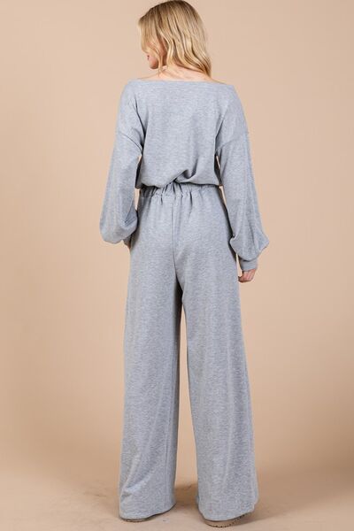 Ces Femme Boat Neck Long Sleeve Jumpsuit with Drawstring Detail Jumpsuits