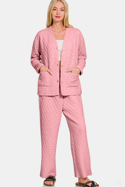 Zenana Quilted Button Up Long Sleeve Top and Pants Lounge Set Lounge Set