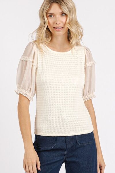 Mittoshop Frill Round Neck Half Sleeve Blouse Cream Blouses