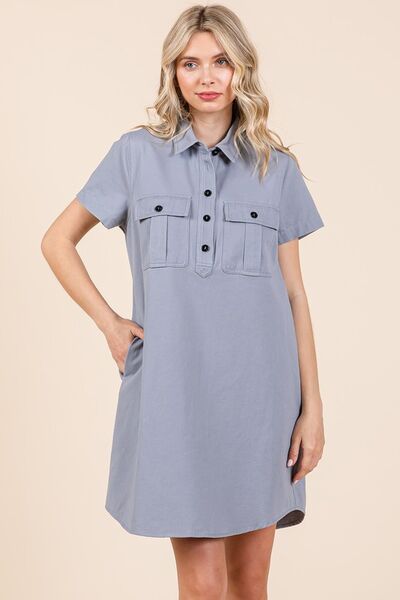 Mittoshop Button Detail Collared Neck Short Sleeve Shirt Dress Casual Dresses