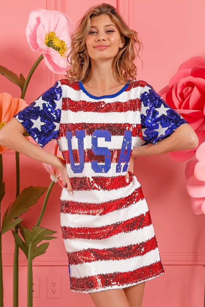 BiBi American Flag Theme Usa Print Sequin Dress - Shop Style & More | Fresh Looks, Everyday Deals & Free Shipping