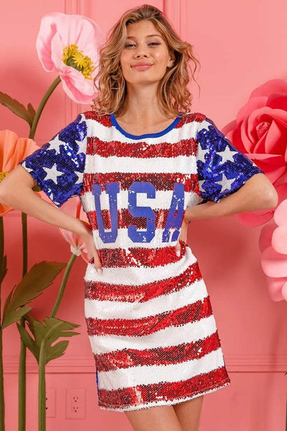 BiBi American Flag Theme Usa Print Sequin Dress - Shop Style & More | Fresh Looks, Everyday Deals & Free Shipping