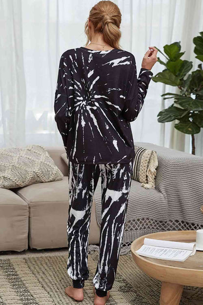 Shiny Tie-Dye Round Neck Top and Drawstring Waist Joggers Lounge Set Lounge Set