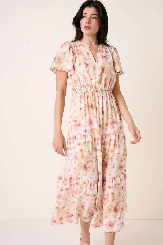 Mittoshop Flower Print Flutter Sleeve V Slit Maxi Dress - Shop Style & More | Fresh Looks, Everyday Deals & Free Shipping