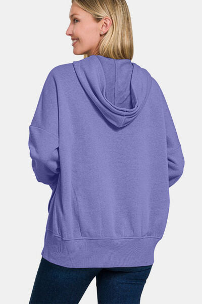 Zenana Half Snap Long Sleeve Hoodie with Kangaroo Pocket Hoodies & Sweaters