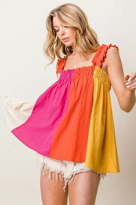 BiBi Frill Shoulder Strap Color Block Bodice Top - Shop Style & More | Fresh Looks, Everyday Deals & Free Shipping