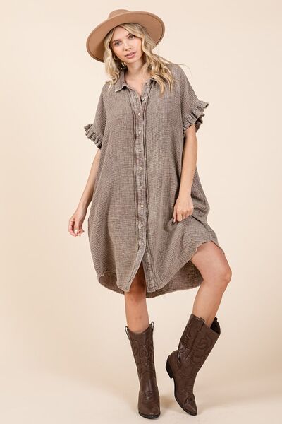 Mittoshop Mineral Wash Cotton Gauze Mini Shirt Dress Toffee Casual Dresses