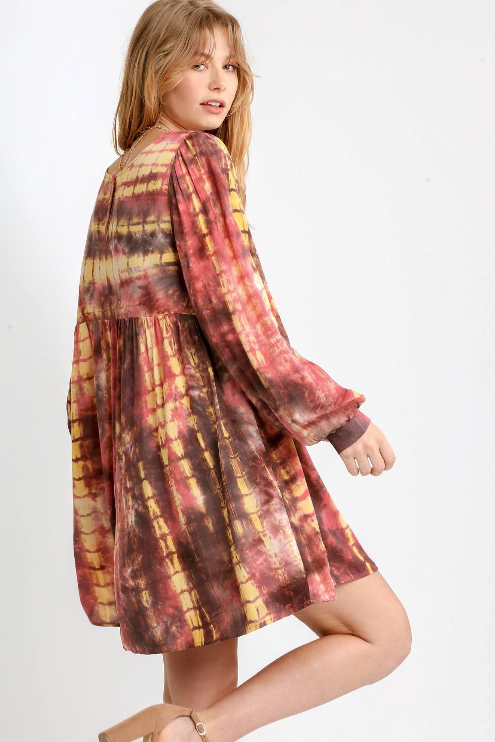 Umgee Full Size Tie Dye Long Sleeve Babydoll Dress with Keyhole Plus Size Casual Dresses