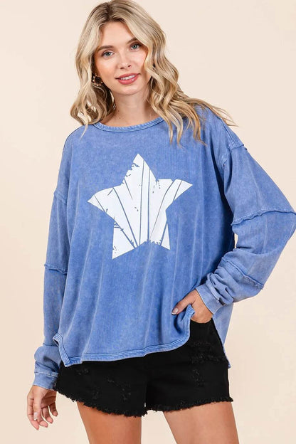 Mittoshop Star Graphic Mineral Wash Long Sleeve Top - Shop Style & More | Fresh Looks, Everyday Deals & Free Shipping