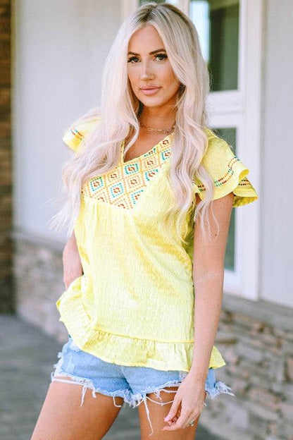 Cecelia Embroidery Textured Top with Ruffles - Shop Style & More | Fresh Looks, Everyday Deals & Free Shipping