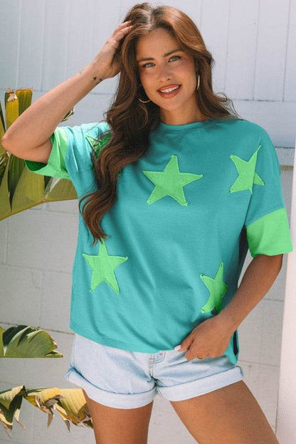 Etta Frayed Denim Star Patched Oversize Top - Shop Style & More | Fresh Looks, Everyday Deals & Free Shipping