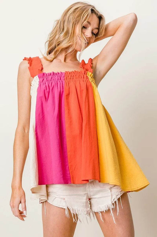 BiBi Frill Shoulder Strap Color Block Bodice Top - Shop Style & More | Fresh Looks, Everyday Deals & Free Shipping