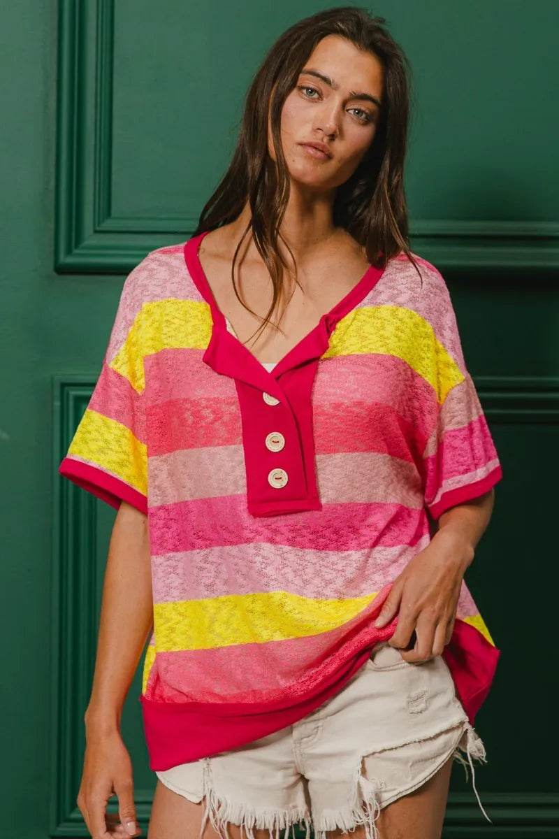 BiBi Multi Color Stripe Hacci Button Detail Ringer Top - Shop Style & More | Fresh Looks, Everyday Deals & Free Shipping