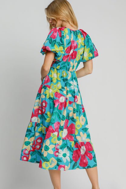 Umgee Full Size Tiered Floral Print Notched Puff Sleeve Midi Dress Plus Size Casual Dresses