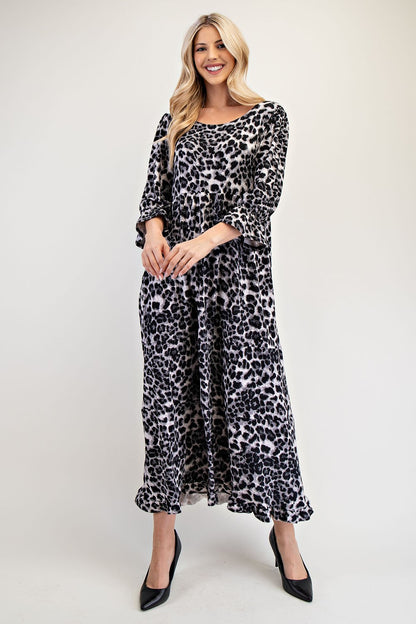 Celeste Full Size Leopard Round Neck Flounce Sleeve Dress Casual Dresses