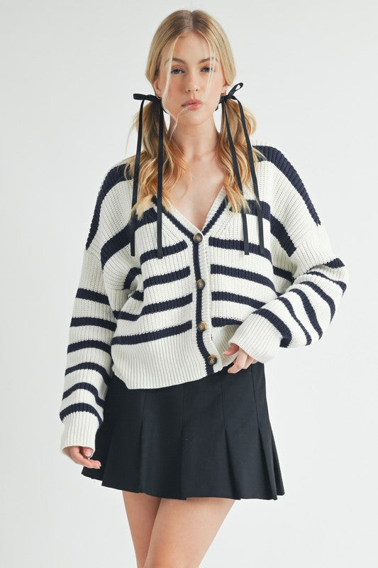 Aemi + Co Striped V-Neck Button Down Cardigan Hoodies & Sweaters