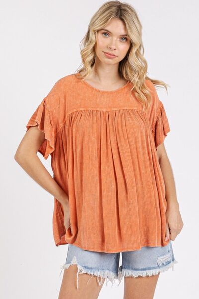 Mittoshop Mineral Washed Round Neck Ruffle Sleeve Blouse Blouses