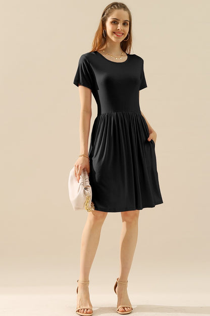 Ninexis Full Size Round Neck Ruched Dress with Pockets Cocktail Dresses