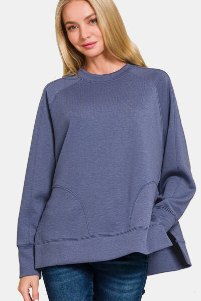 Zenana Scuba Round Neck Side Slit Sweatshirt Blue Indigo Hoodies & Sweaters