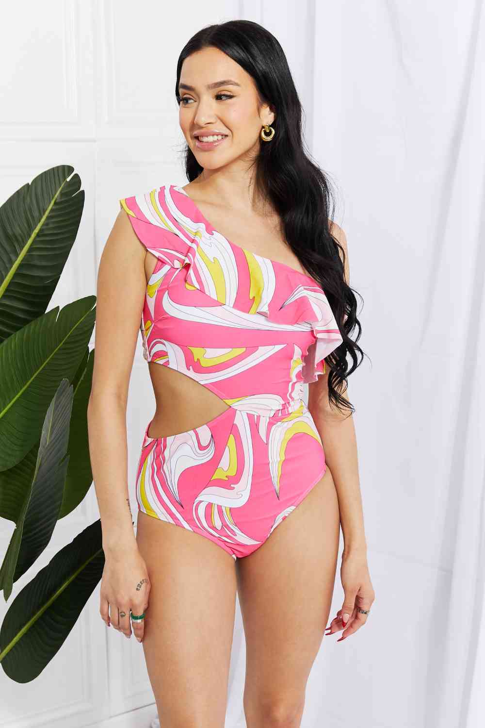 Marina West Pink Cutout Ruffle Swimsuit with Asymmetric Cutout Design Pink One-Piece Swimwear