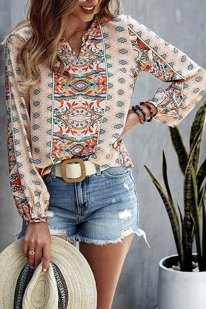 V Neck Graphic Pattern Notched Neck Blouse - Shop Style & More | Fresh Looks, Everyday Deals & Free Shipping