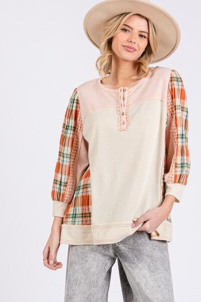 SAGE + FIG Exposed Seam Button Detail Plaid Top Blouses