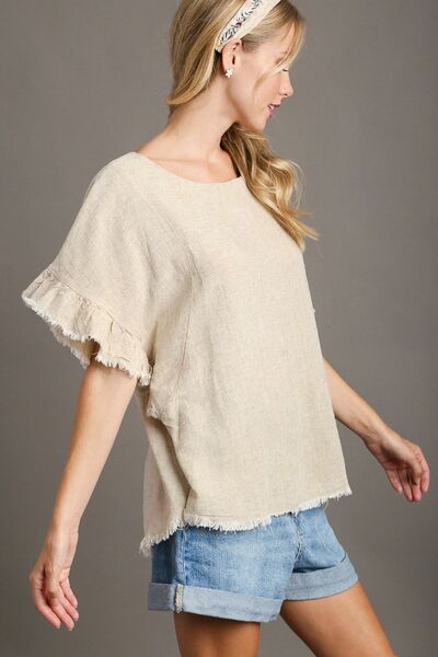 Umgee Full Size Raw Hem Ruffle Short Sleeve Blouse Plus Size Blouses