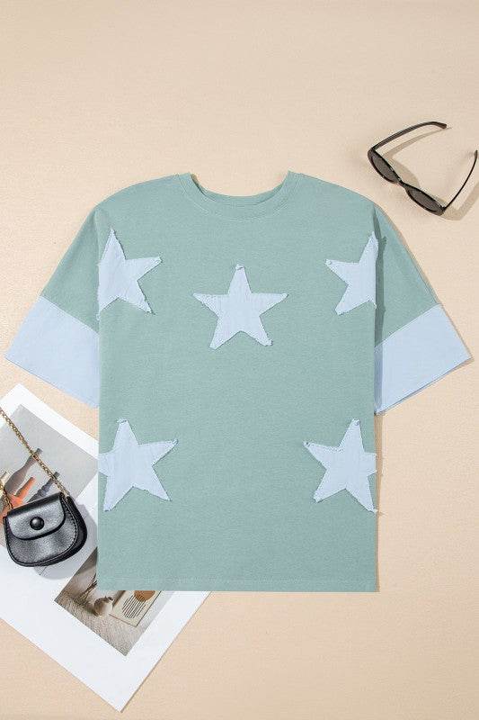 Etta Frayed Denim Star Patched Oversize Top - Shop Style & More | Fresh Looks, Everyday Deals & Free Shipping
