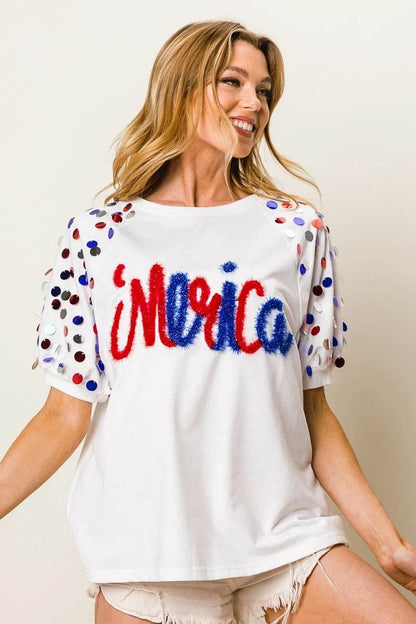BiBi Metallic Letter Spangle Raglan Puff Sleeve Top - Shop Style & More | Fresh Looks, Everyday Deals & Free Shipping