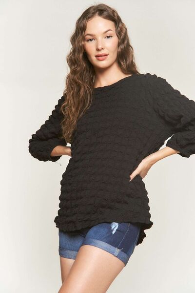 ADORA Bubble Texture Round Neck Blouse Black Blouses