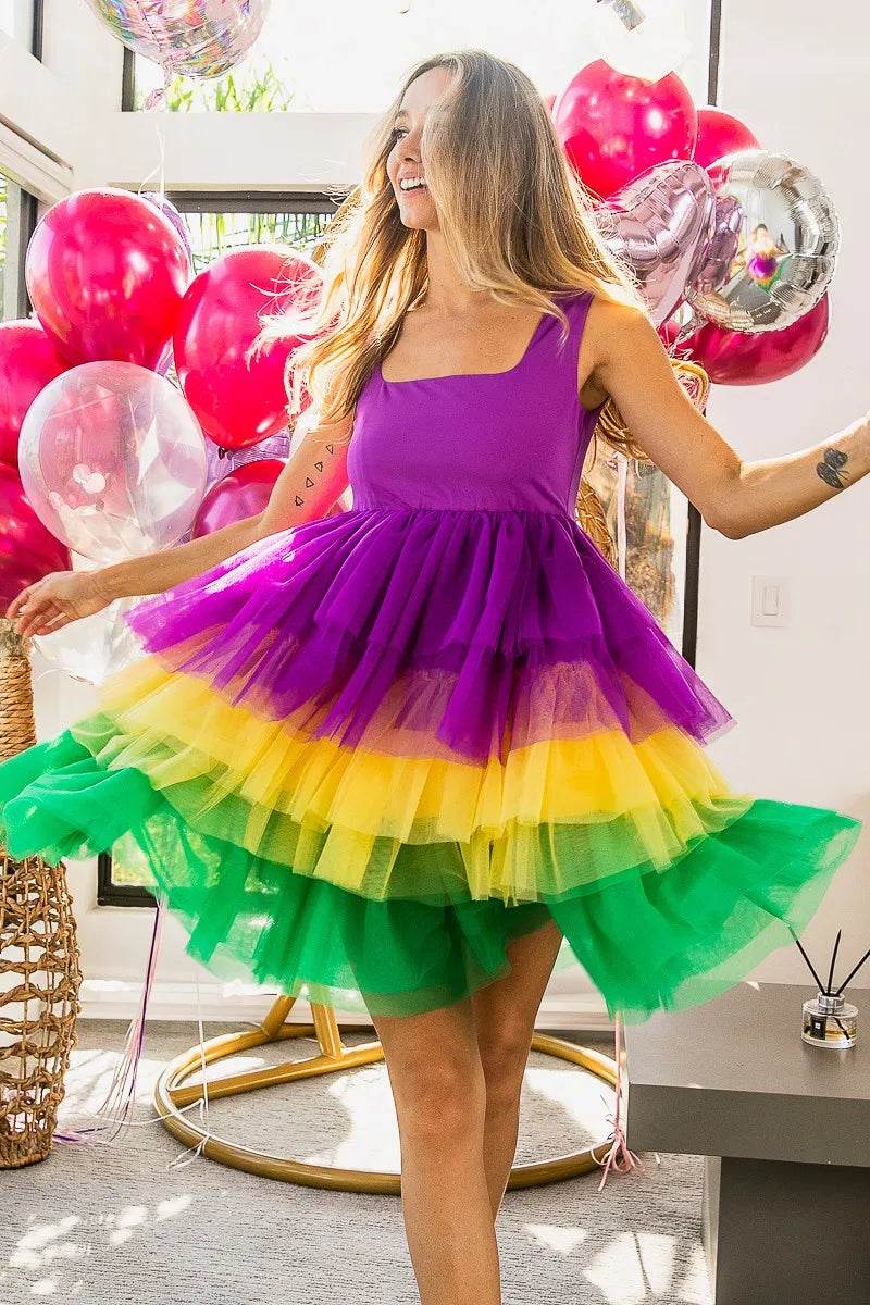 BiBi Mardi Gras Color Block Layered Mesh Tiered Dress - Shop Style & More | Fresh Looks, Everyday Deals & Free Shipping
