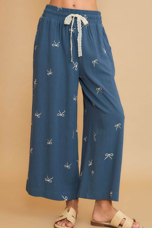 Umgee Full Size Lace Drawstring Embroidered Bow Wide Leg Pants Plus Size - Shop Style & More | Fresh Looks, Everyday Deals & Free Shipping