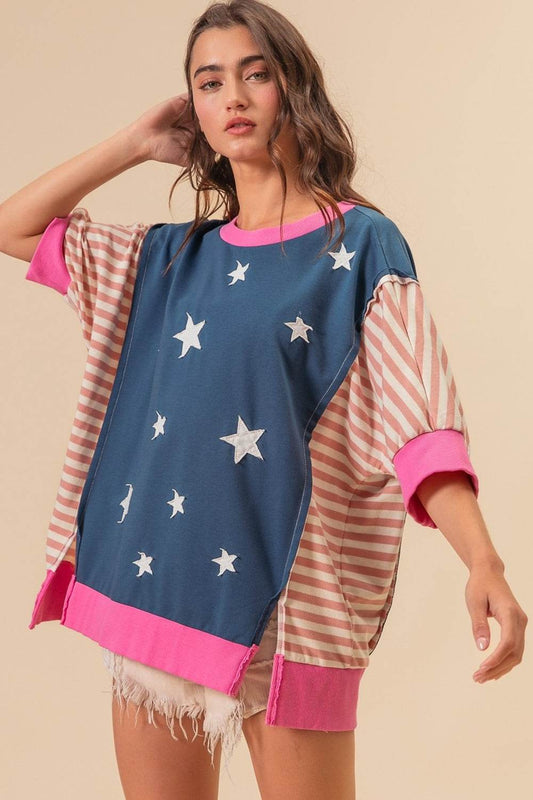 BiBi US Flag Theme Color Block Star Patch T-Shirt - Shop Style & More | Fresh Looks, Everyday Deals & Free Shipping