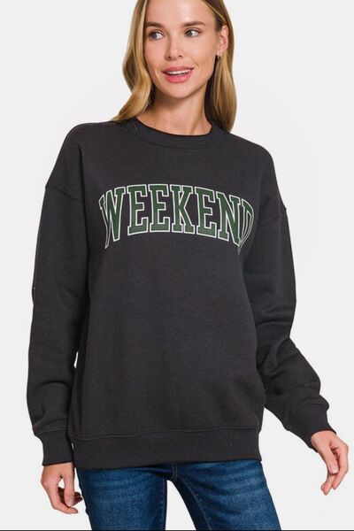 Zenana WEEKEND Round Neck Dropped Shoulder Sweatshirt Black Hoodies & Sweaters