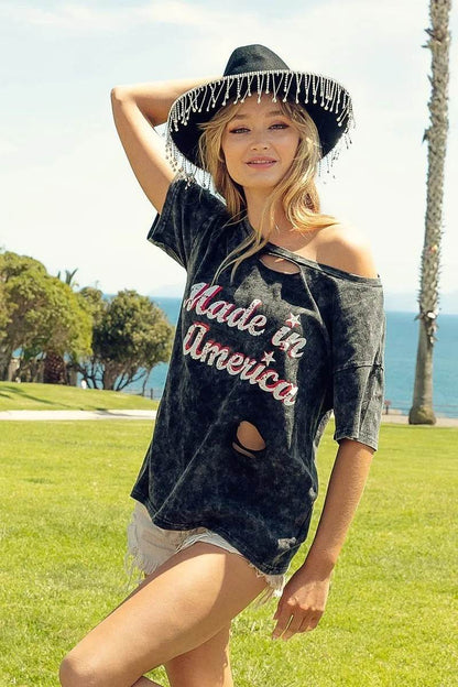 BiBi Laser Cut Mineral Washed America Print Top - Shop Style & More | Fresh Looks, Everyday Deals & Free Shipping
