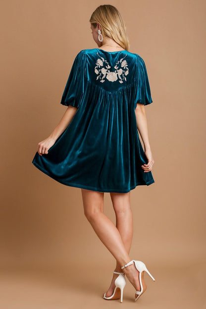 Umgee Embroidered Half Sleeve Velvet Mini Dress with Tassel Casual Dresses