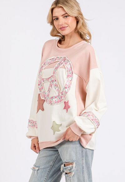 SAGE + FIG Peace & Star Patch Contrast Round Neck Sweatshirt Hoodies & Sweaters