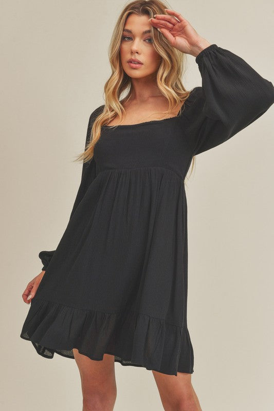 Aemi + Co Ruffled Hem Square Neck Balloon Sleeve Mini Dress Black Casual Dresses