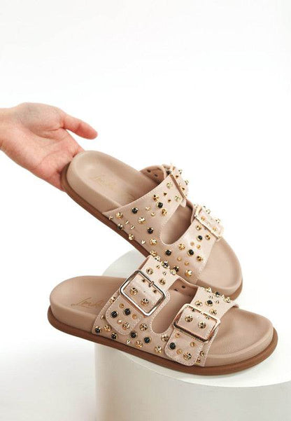 Jayata Metallic Stud Embellished Sliders - Shop Style & More | Fresh Looks, Everyday Deals & Free Shipping