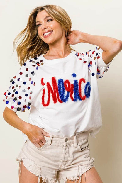 BiBi Metallic Letter Spangle Raglan Puff Sleeve Top - Shop Style & More | Fresh Looks, Everyday Deals & Free Shipping