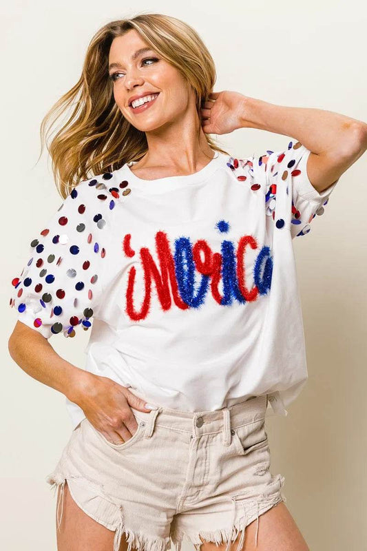 BiBi Metallic Letter Spangle Raglan Puff Sleeve Top - Shop Style & More | Fresh Looks, Everyday Deals & Free Shipping