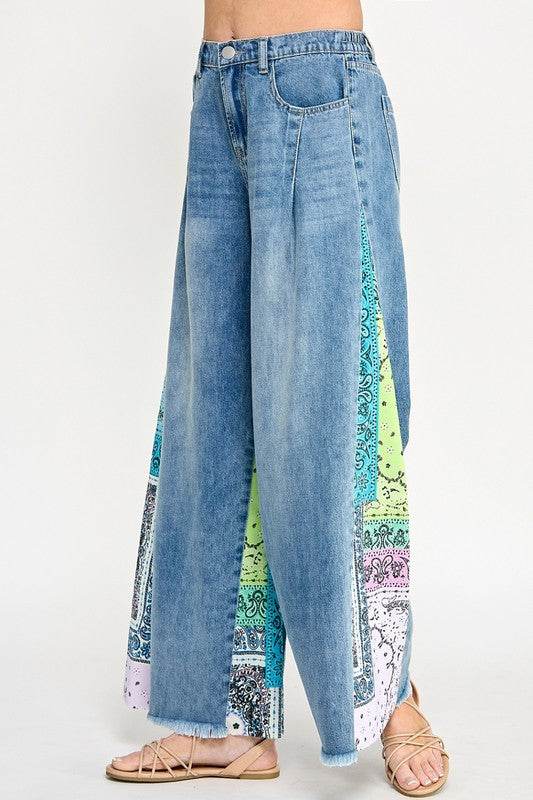SAGE + FIG Raw Hem Paisley Print Side Wide Leg Jeans - Shop Style & More | Fresh Looks, Everyday Deals & Free Shipping