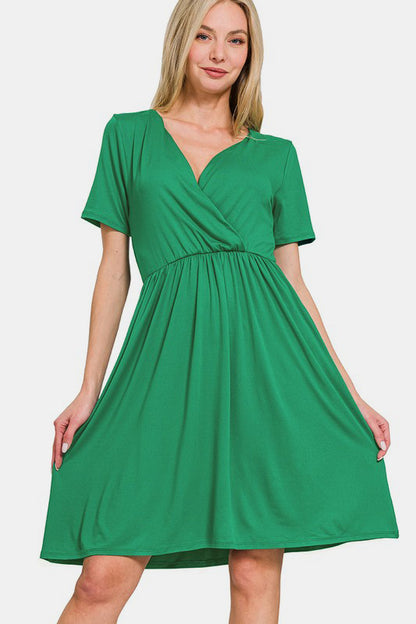 Zenana Surplice Short Sleeve Brushed DTY Dress Green Casual Dresses