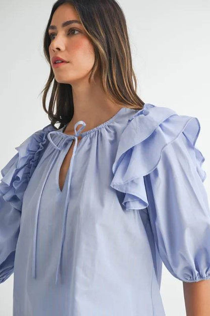 MABLE Stripe Ruffle Shoulder Puff Sleeve Blouse - Shop Style & More | Fresh Looks, Everyday Deals & Free Shipping